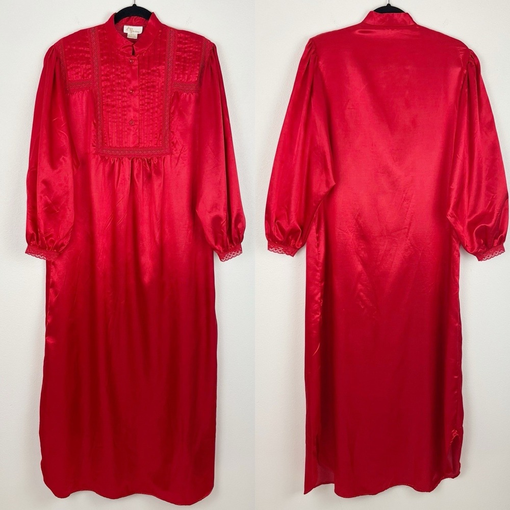 Vintage Ilise Stevens Red Satin Nightgown S – Lace Modest Long Sleeve Taiwan - Picture 2 of 9